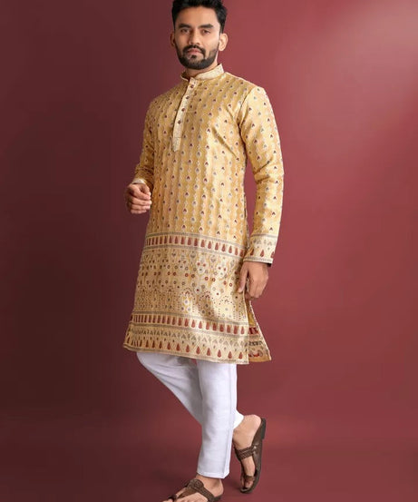 Stitched Heavy Jacquard Silk Indian Traditional Look Kurta Pajama For Men's