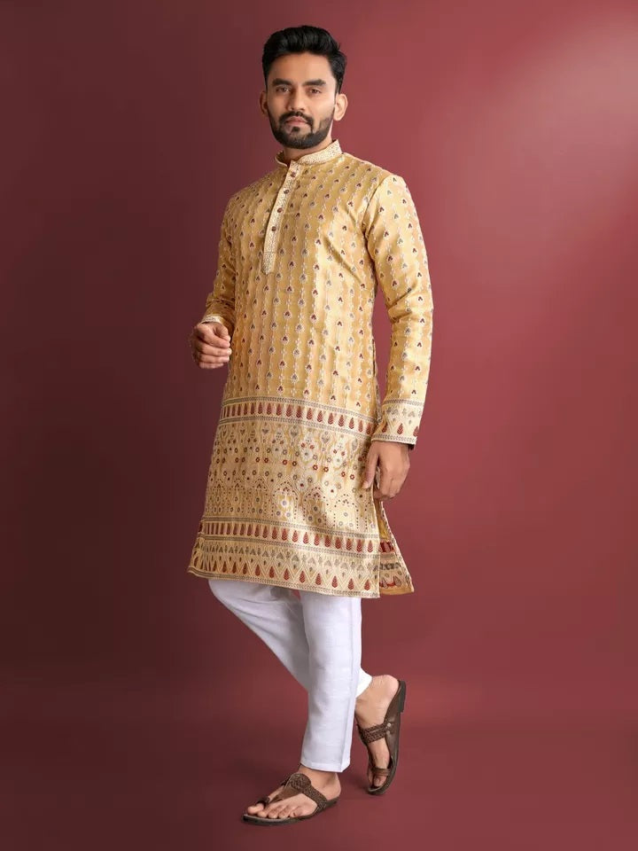 Stitched Heavy Jacquard Silk Indian Traditional Look Kurta Pajama For Men's