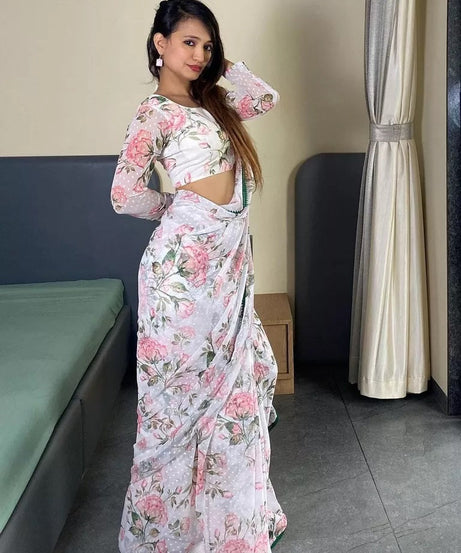 Pure Soft Georgette Silk Ready To Wear Sari With Blouse