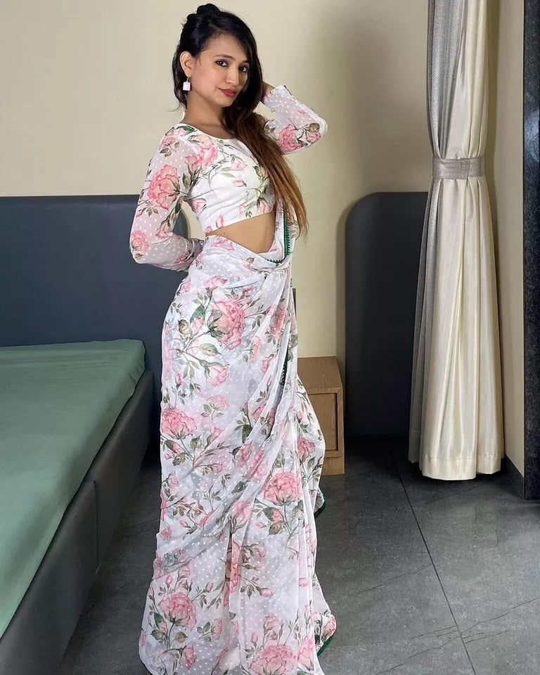 Pure Soft Georgette Silk Ready To Wear Sari With Blouse