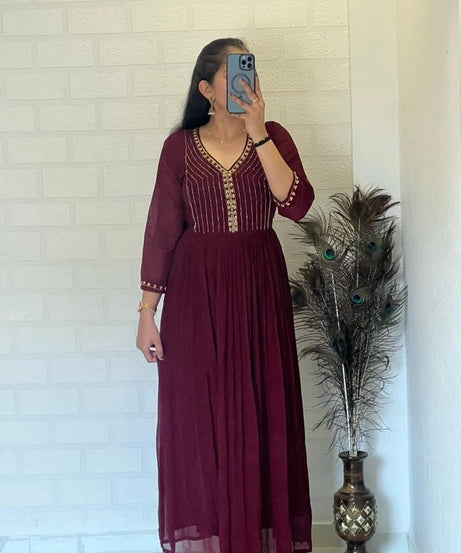 Full Stitched Traditional Wear Blooming Georgette Kurti Long Gown