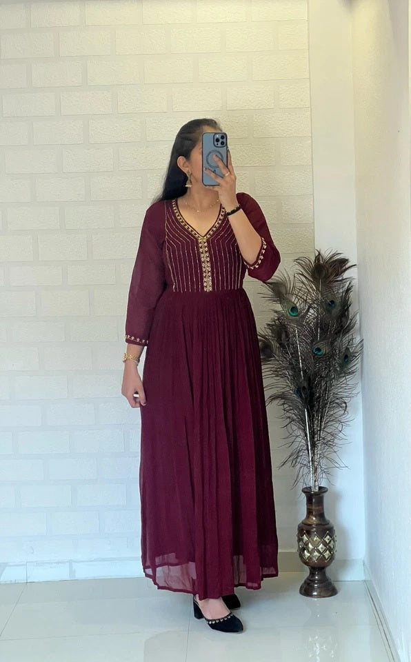 Full Stitched Traditional Wear Blooming Georgette Kurti Long Gown