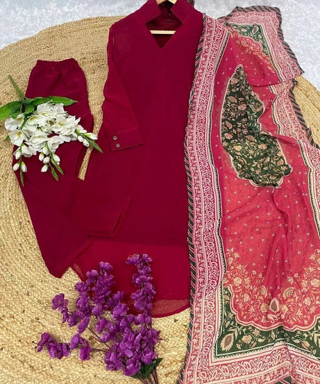 Faux Georgette Kurti Pant Duppata Set For Women's