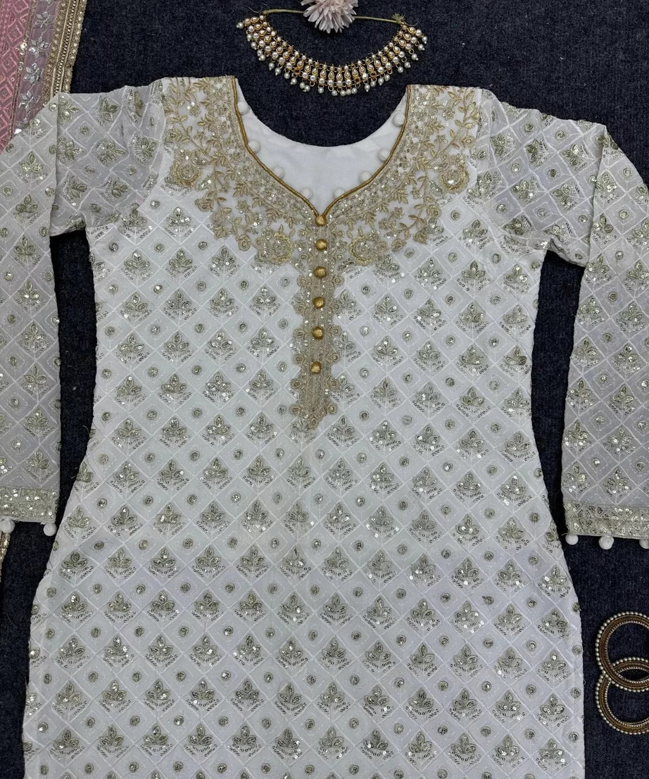 Faux Georgette Traditional Style Top Pant & Dupatta Set