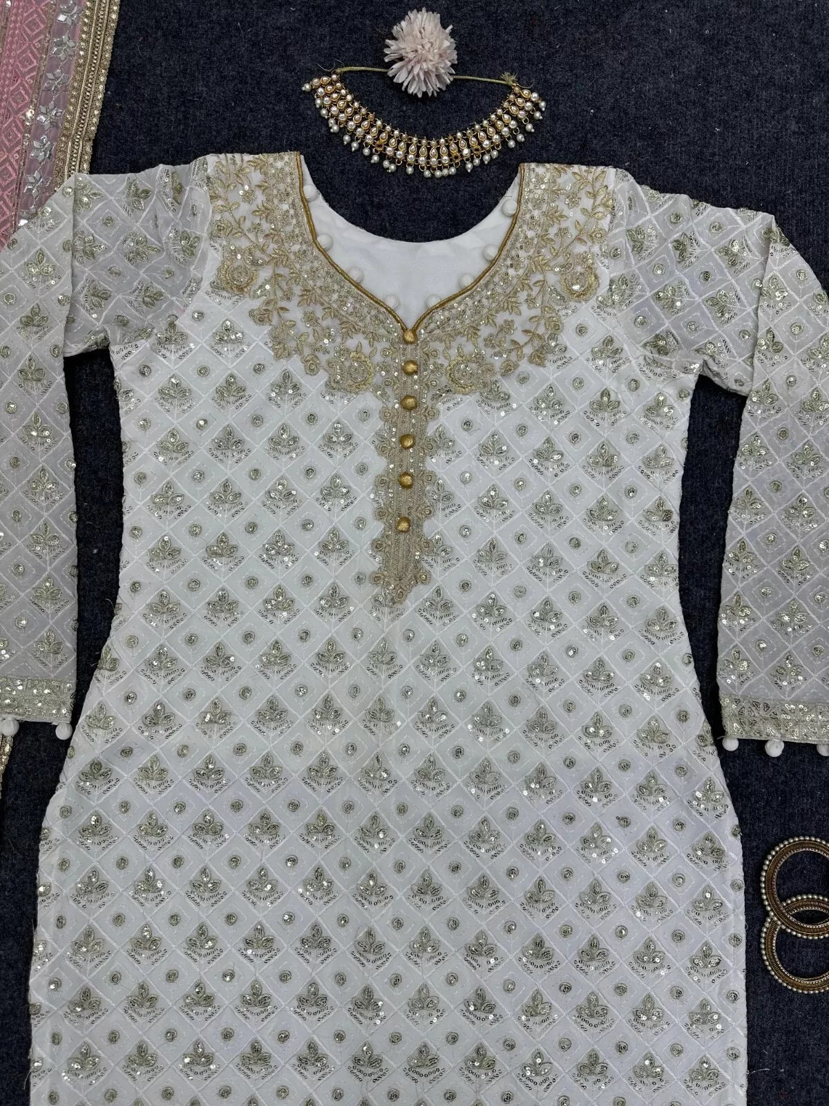 Faux Georgette Traditional Style Top Pant & Dupatta Set