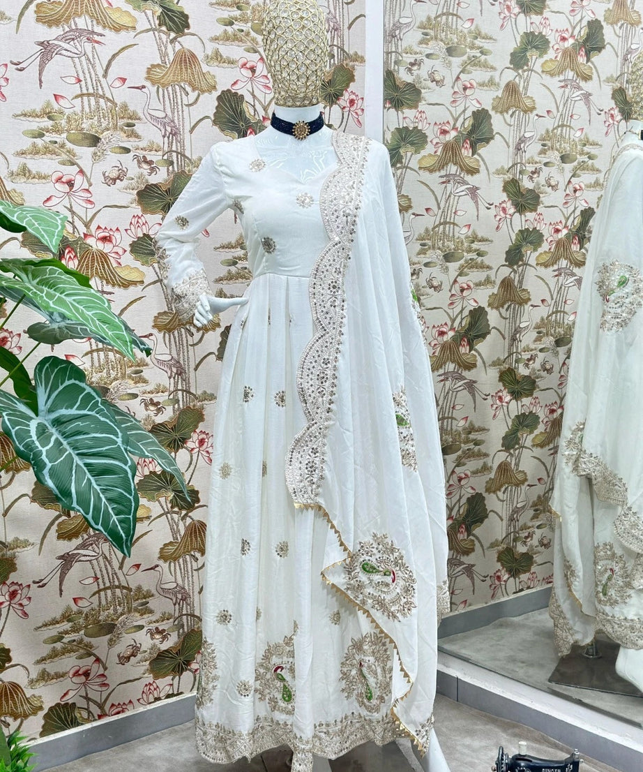 Traditional Designer Chinon Full Stitched Long Anarkali Gown With Dupatta