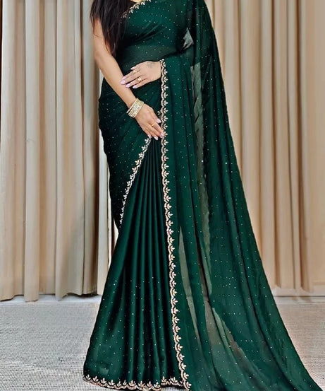 Traditional Wedding Pure Soft Satin Chiffon Saree,Stylish Sari And Blouse