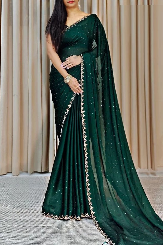 Traditional Wedding Pure Soft Satin Chiffon Saree,Stylish Sari And Blouse