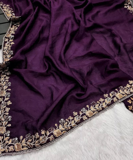 Two Tone Vichitra Silk  Multi Thread Embroidery Work Saree With Blouse