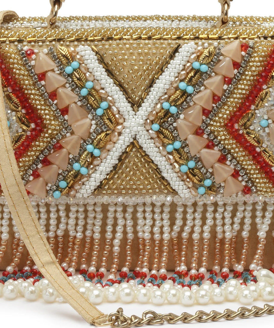 Dangle Bead Work Embellished Faux Silk Clutch