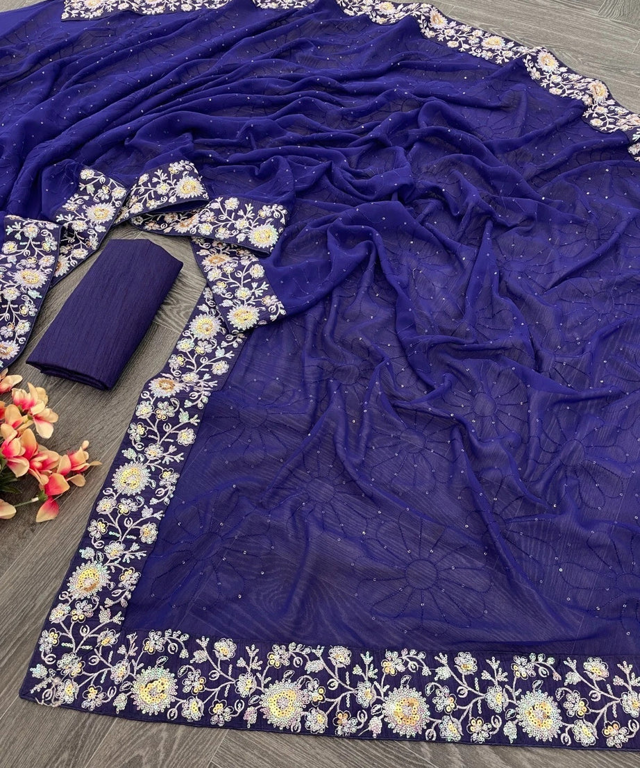 Women's , Beautiful Georgette Festival Wedding Wear Sari & Blouse