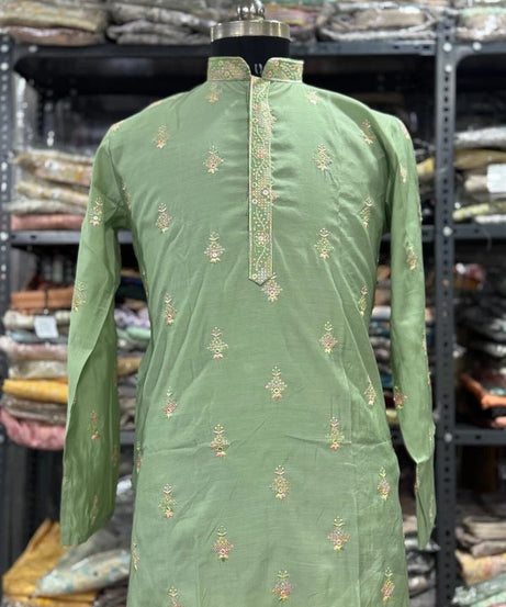 Traditional Silk Embroidery Kurta With Cotton Pajama Set For Men's, Wedding Wear Kurta Set