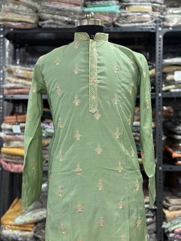 Traditional Silk Embroidery Kurta With Cotton Pajama Set For Men's, Wedding Wear Kurta Set