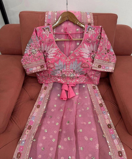 Pink Heavy Soft Tissue Organza Silk Saree, Wedding Wear Sari With Blouse