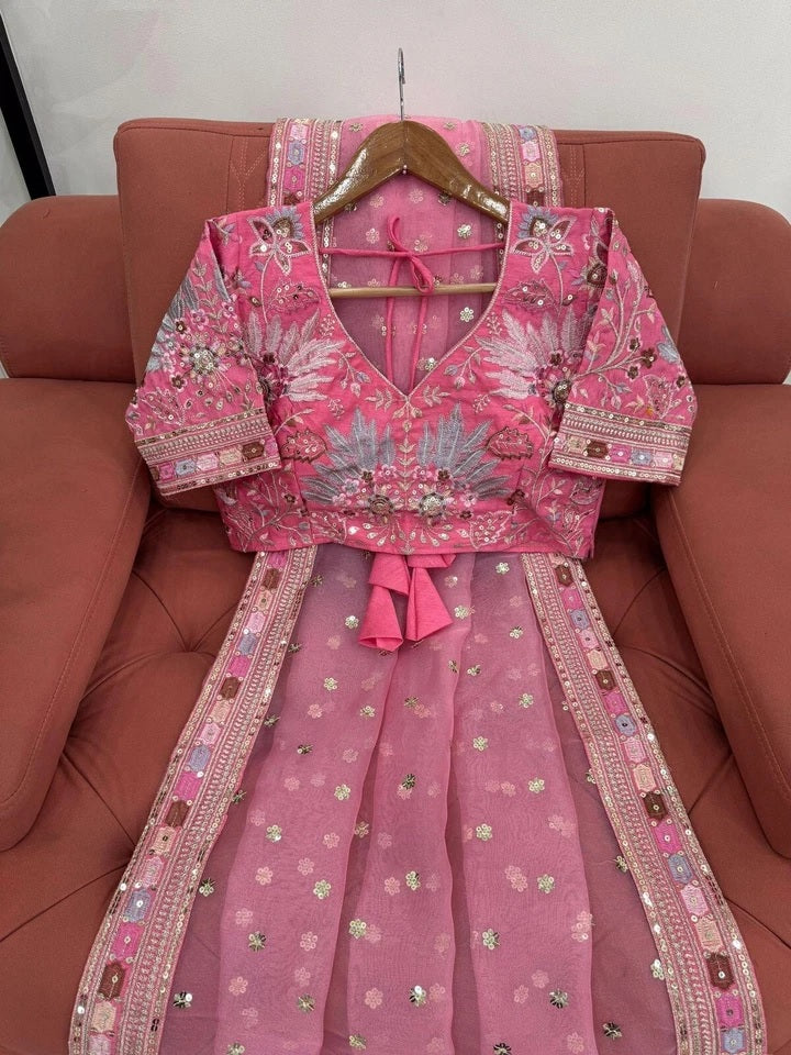 Pink Heavy Soft Tissue Organza Silk Saree, Wedding Wear Sari With Blouse