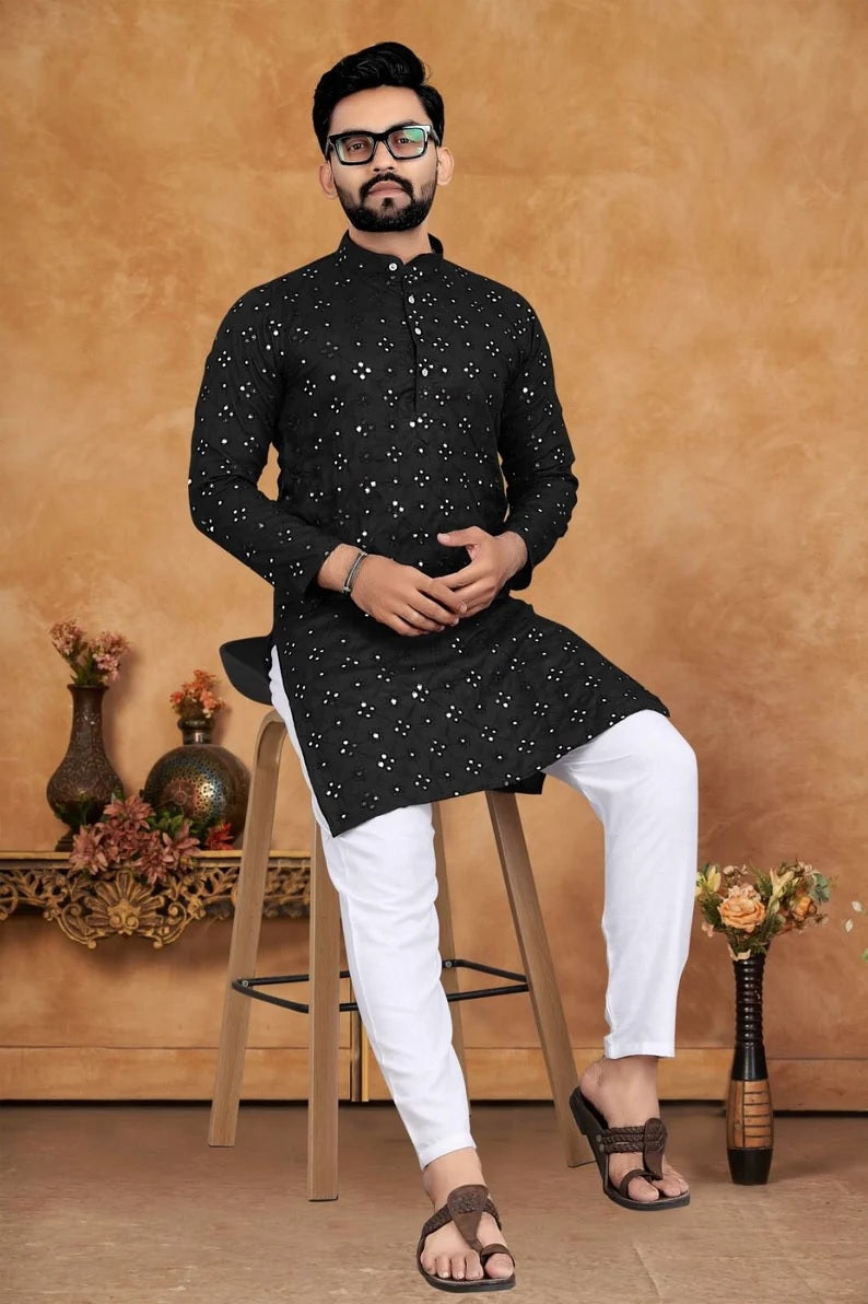 Men's Cotton With Embroidery Work Kurta Pajama Set