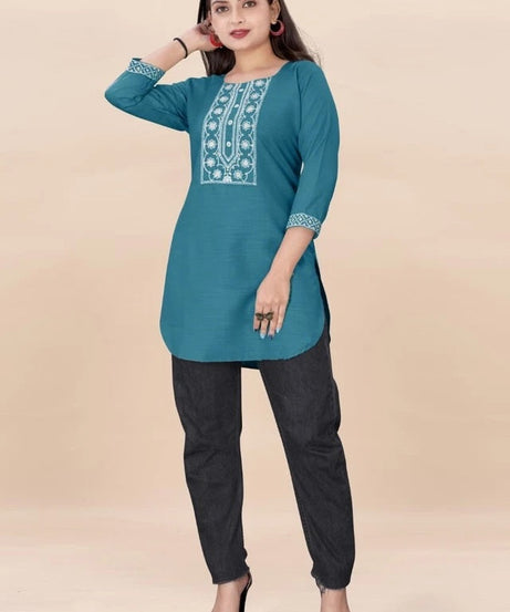 Stylish Rayon Kurti, With Embroidery Sequens Work Short Top Kurti