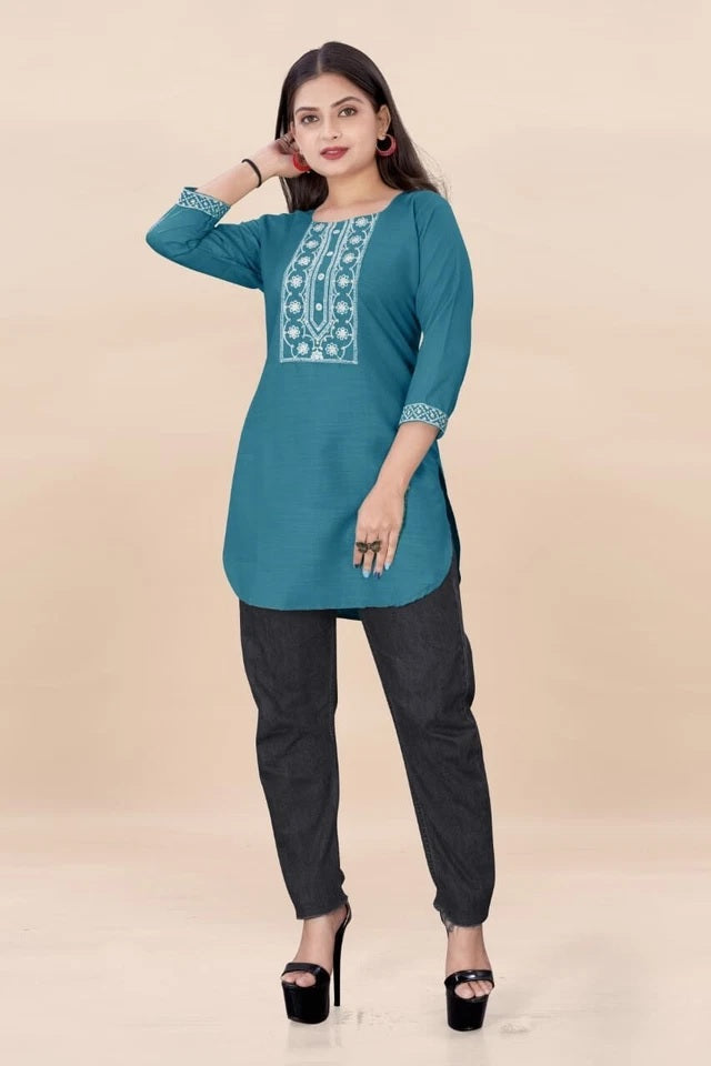 Stylish Rayon Kurti, With Embroidery Sequens Work Short Top Kurti