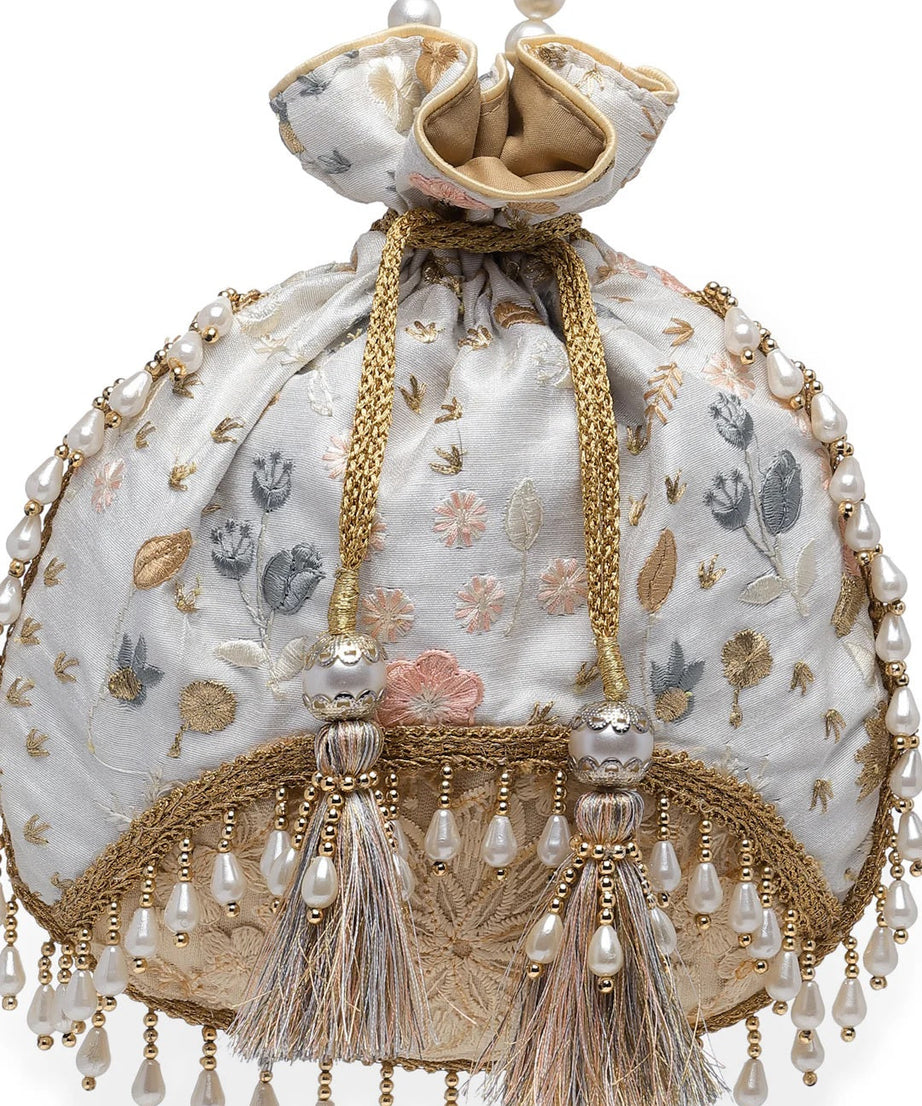 Droop Floral Embroidered Faux Silk Potli Bag