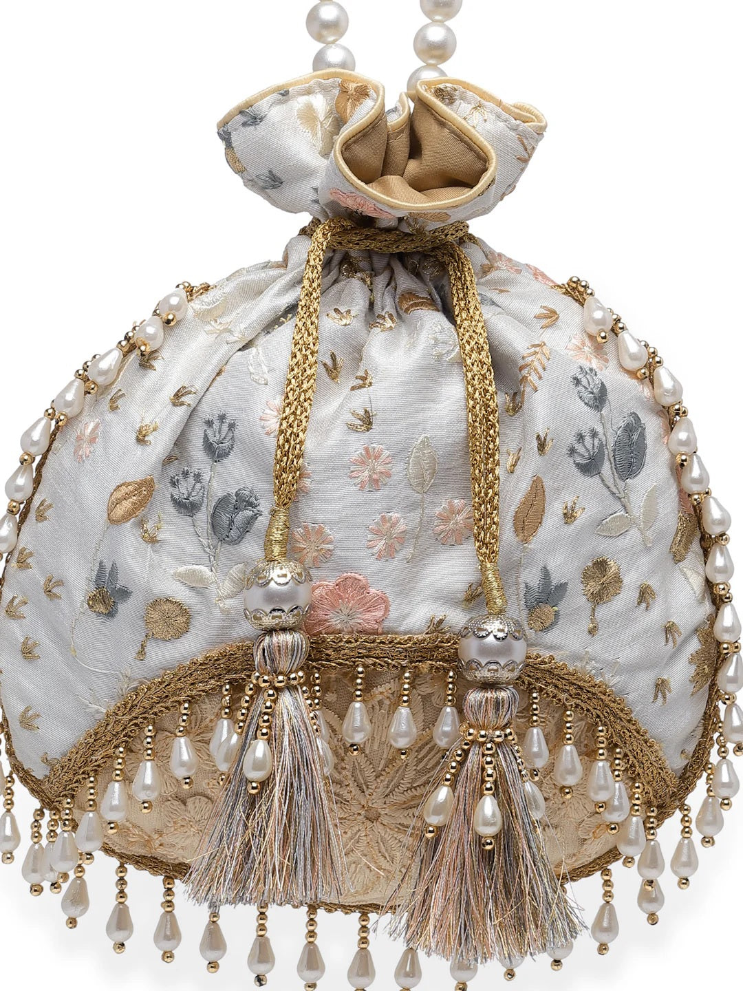 Droop Floral Embroidered Faux Silk Potli Bag