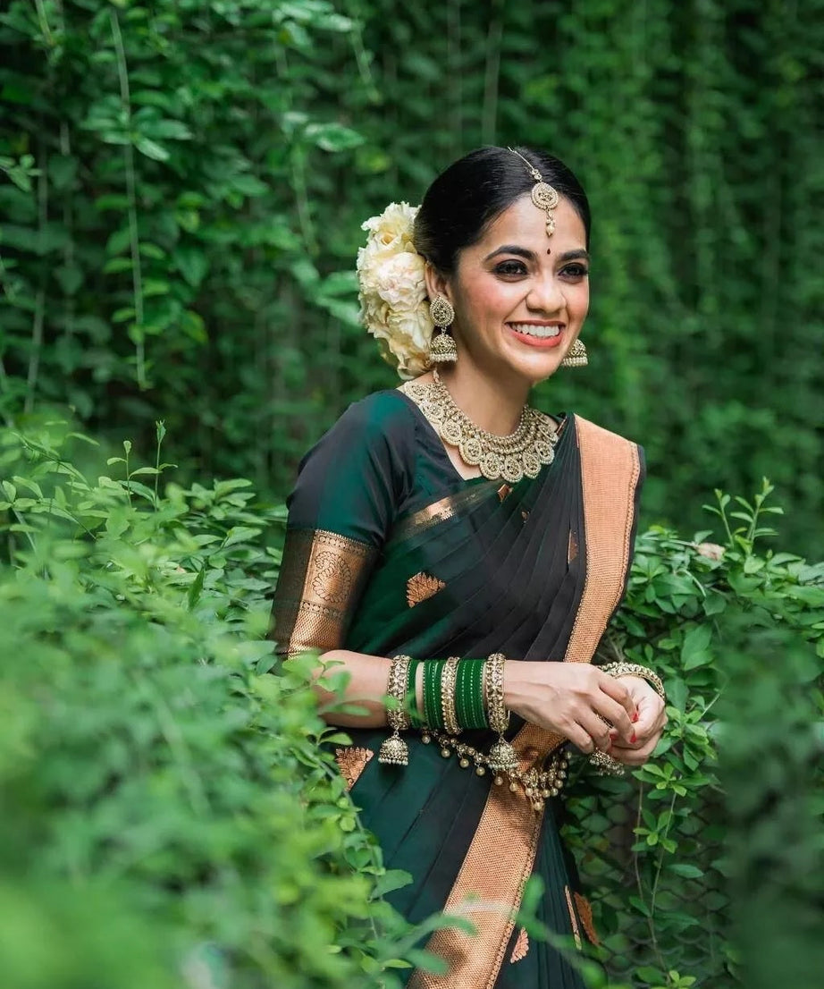 Dark Green Soft Lichi Silk Indian Beautiful Saree Blouse