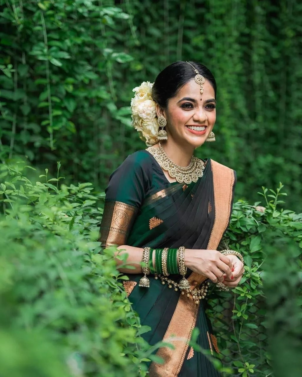 Dark Green Soft Lichi Silk Indian Beautiful Saree Blouse