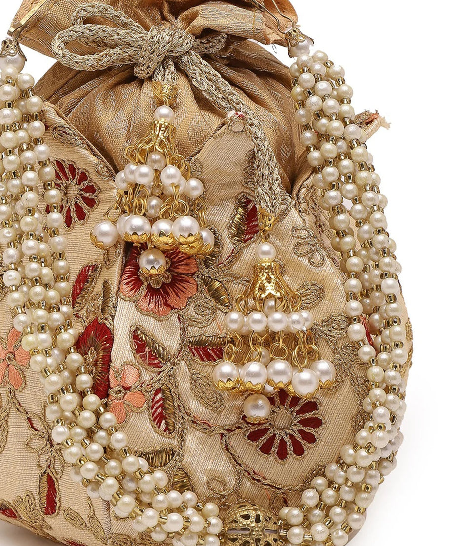 Lotus Floral Embellished Faux Silk Potli Bag