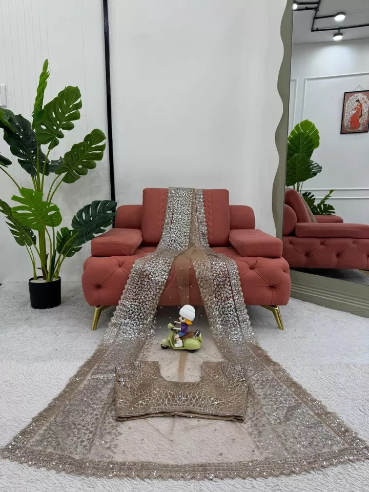 beautiful Wedding Soft Net Sequence Work Saree,Party Function Wear Sari & Blouse
