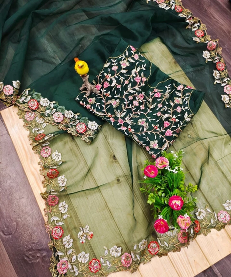 Organza Silk,Sequince & Zari Thread Designer Party Wear Saree & Blouse 11-RV