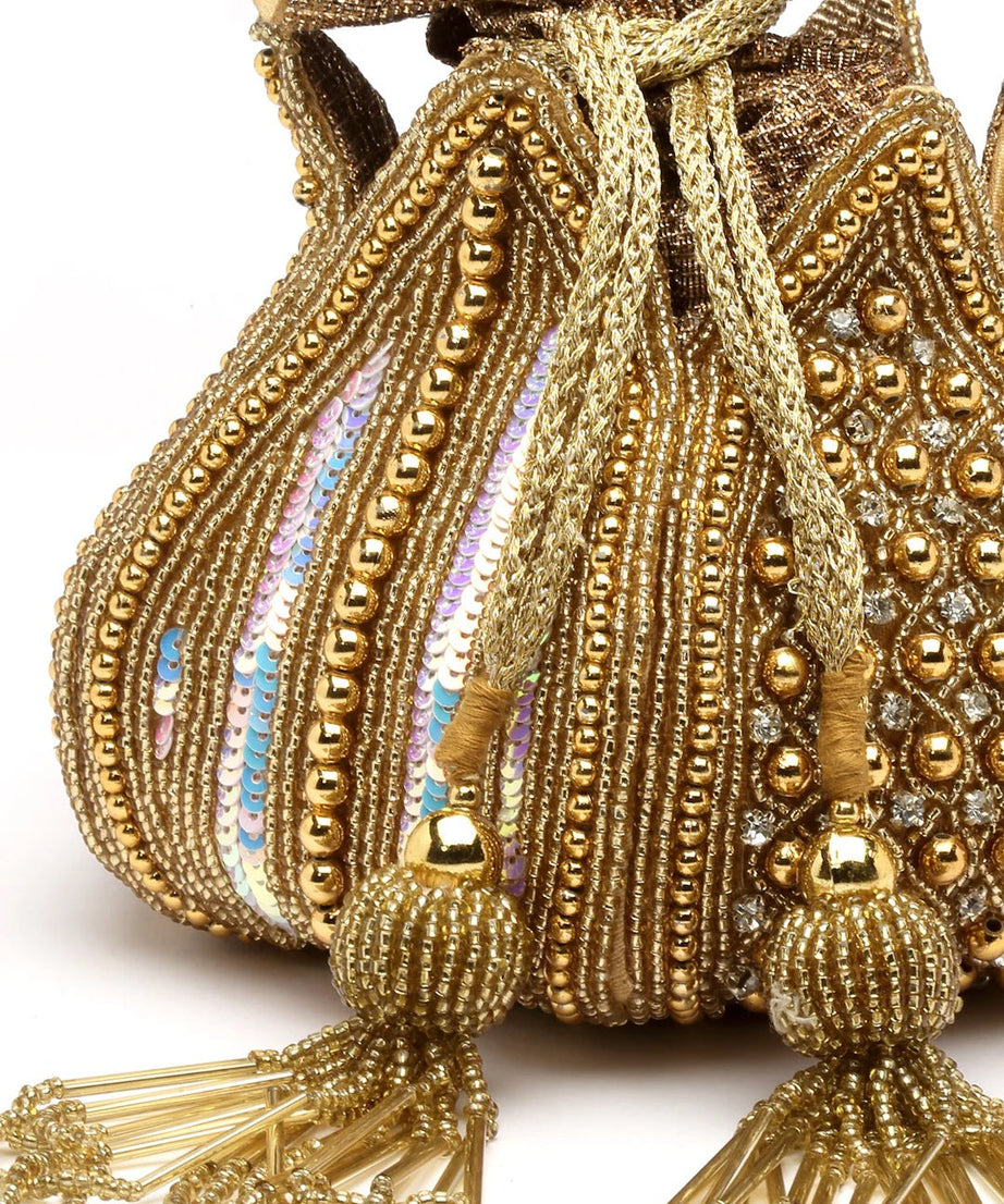 Lotus Stone Work Embellished Faux Silk Potli Bag