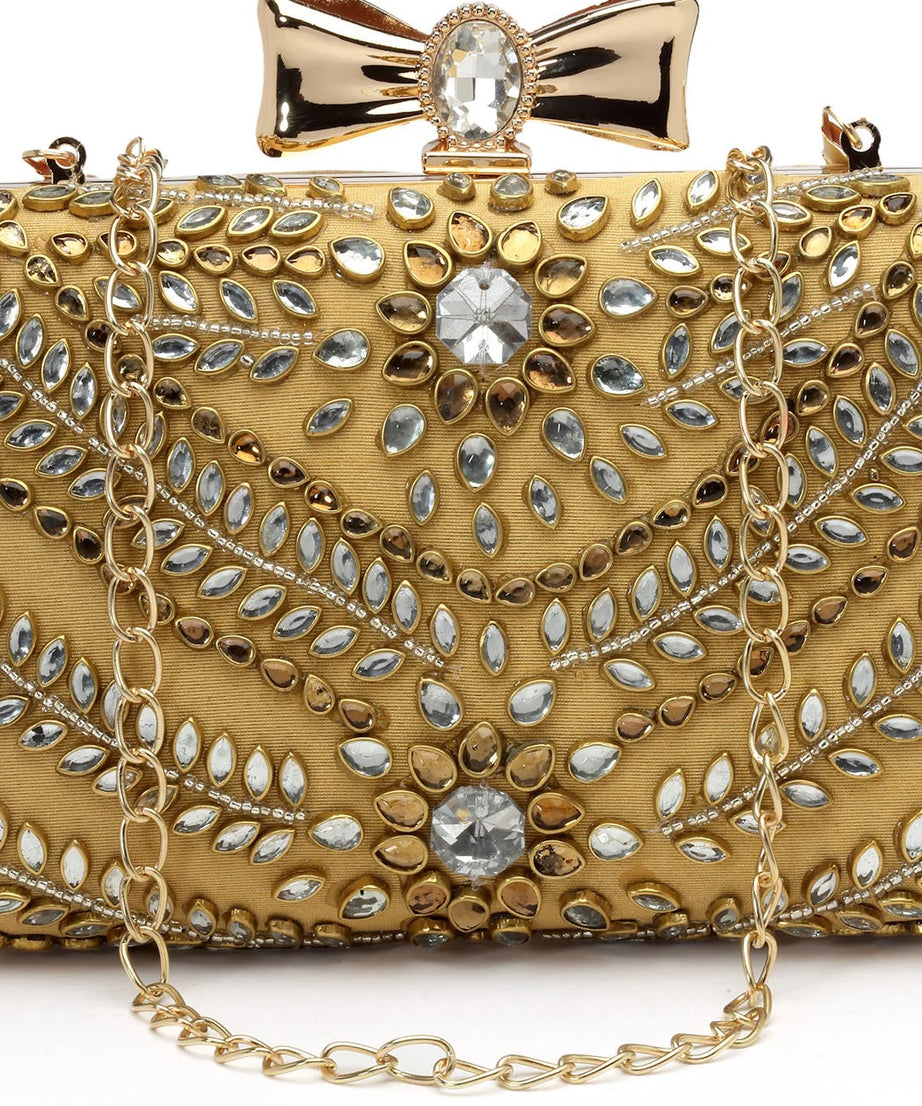 Adorn Stone Work Embellished Faux Silk Clutch