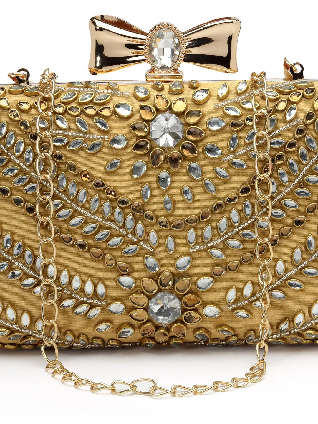 Adorn Stone Work Embellished Faux Silk Clutch