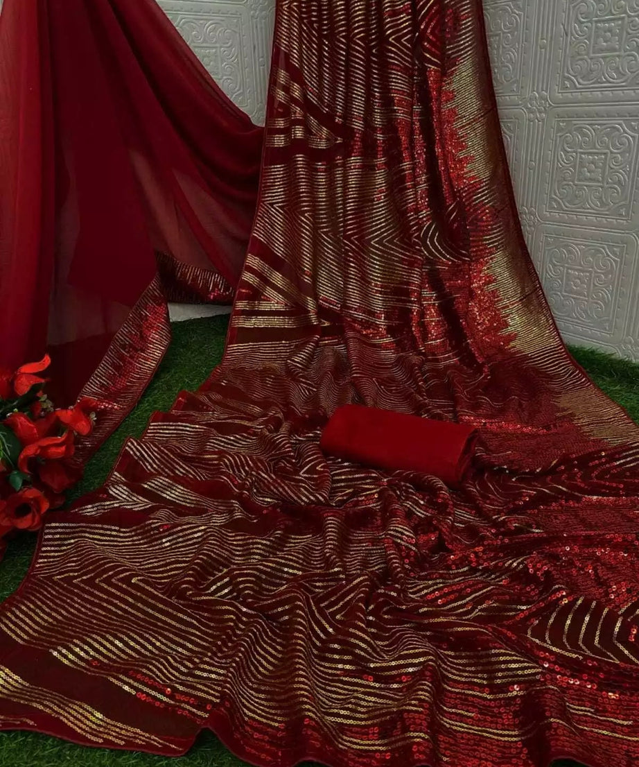 Georgette Embroidery Work Sequence Lace Work Saree,Party Wear Sari