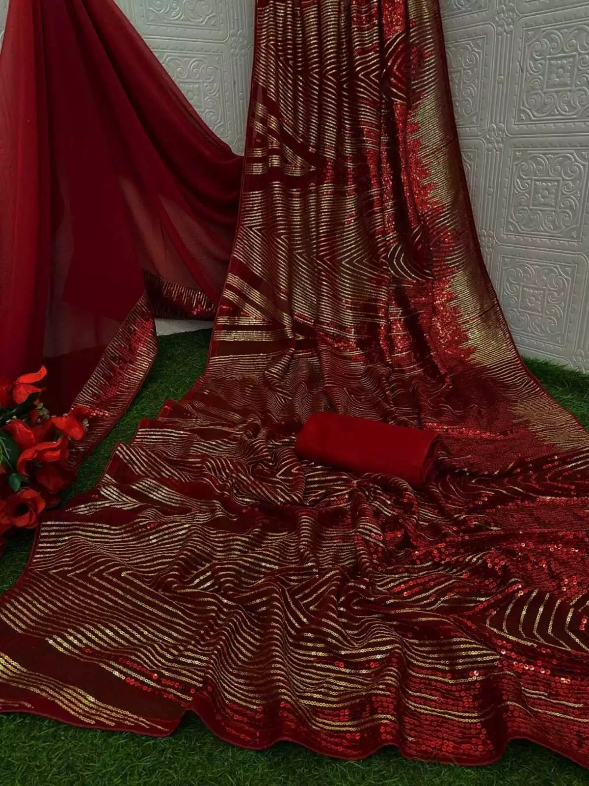 Georgette Embroidery Work Sequence Lace Work Saree,Party Wear Sari