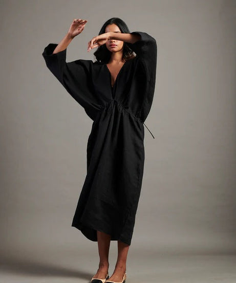 Linen Gathered Kaftan Dress