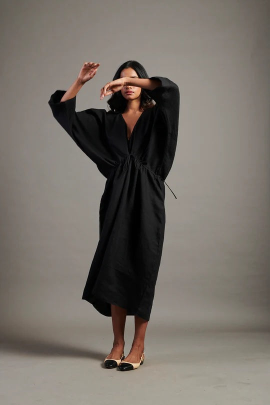 Linen Gathered Kaftan Dress
