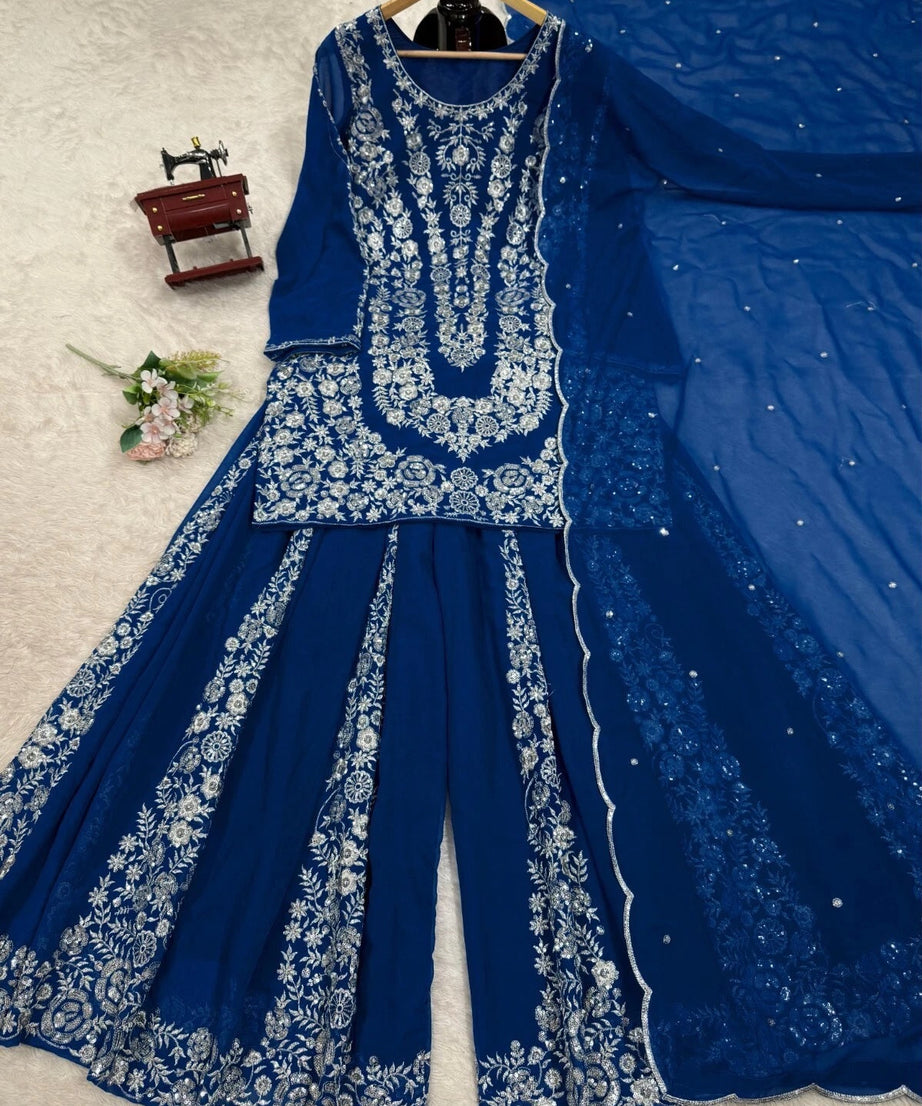 Full Stitched Faux Georgette Top Palazzo Dupatta