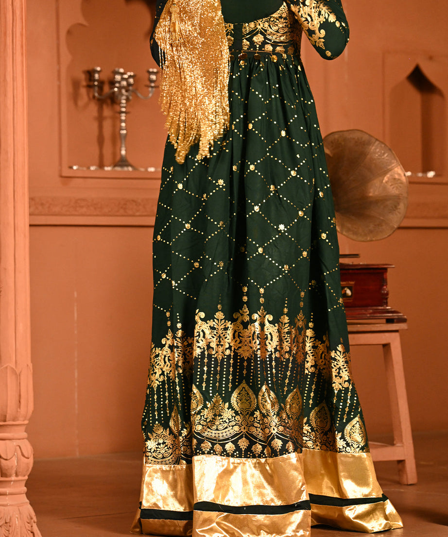 Luxury Emerald Green Gold Embroidered Anarkali Dress For Women(3XL)