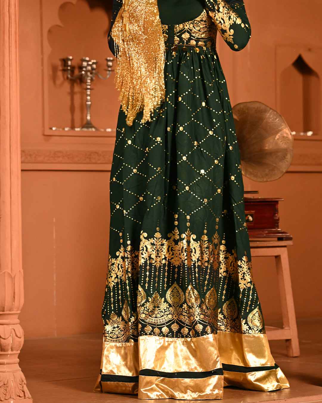 Luxury Emerald Green Gold Embroidered Anarkali Dress For Women(3XL)