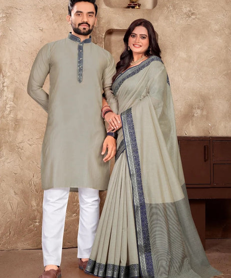 Linen Silk Kurta And Saree Set & Couple Combo Set