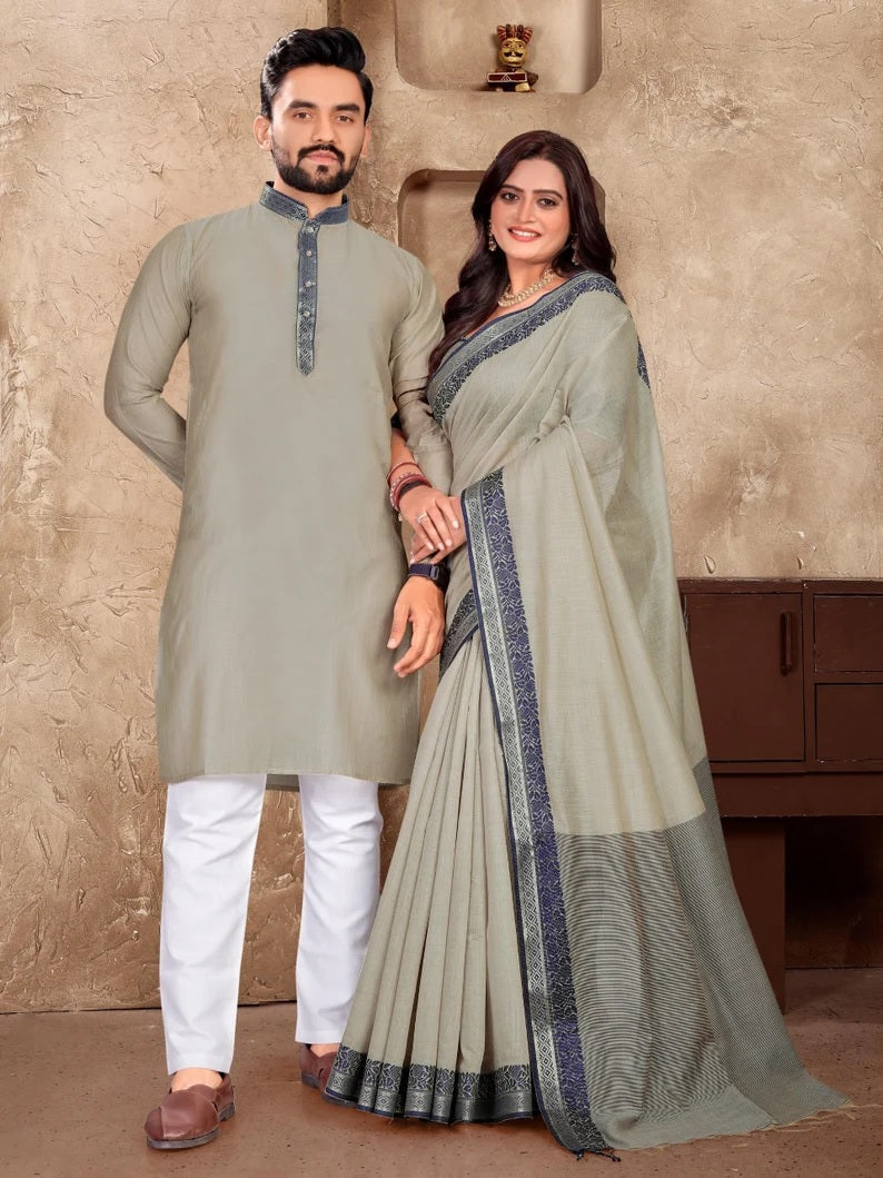 Linen Silk Kurta And Saree Set & Couple Combo Set