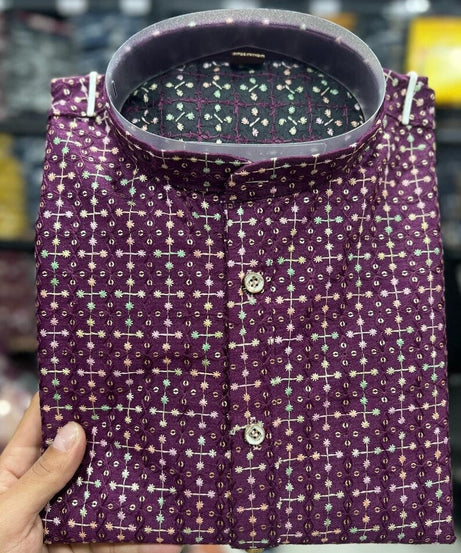 Men's Heavy Banglori Silk With Embroidery Sequence Work Kurta Pajama Set