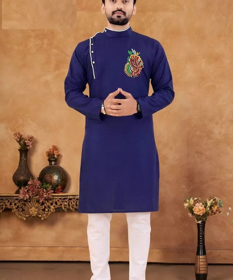 Men's Slub Cotton Kurta Pajama Set, Traditional Wedding Wear Long Kurta Set