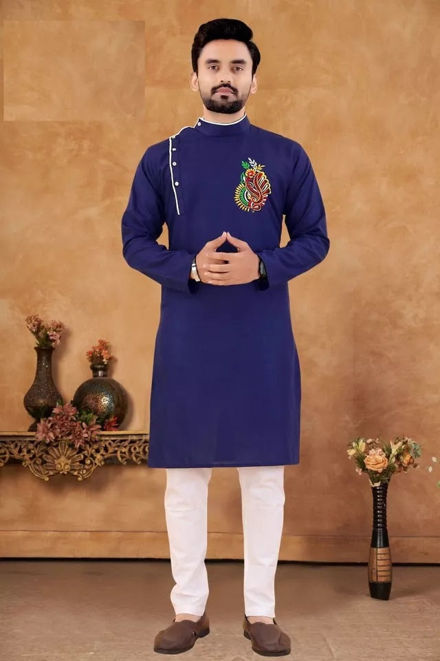 Men's Slub Cotton Kurta Pajama Set, Traditional Wedding Wear Long Kurta Set