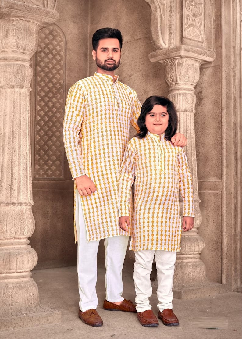 Heavy Magic Cotton Kurta Pajama For Men's & Kid's Combo Set
