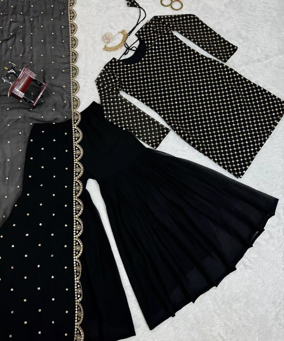 Georgette With Sequence Work  Pakistani Top Sharara Dupatta