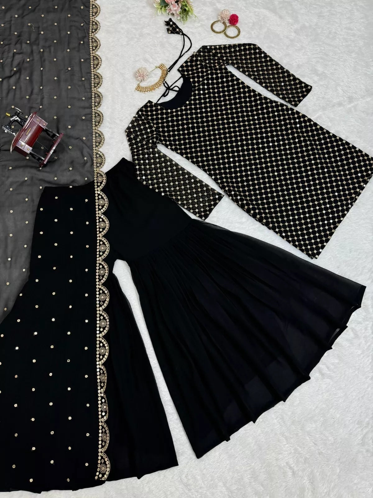 Georgette With Sequence Work  Pakistani Top Sharara Dupatta