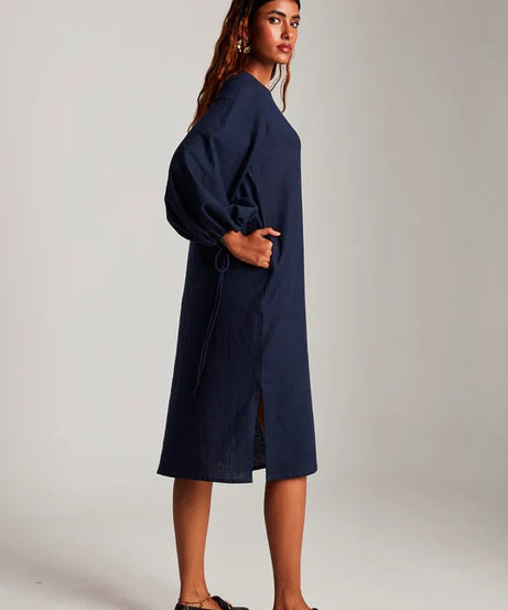 Navy Co-Linen Balloon Sleeves Dress