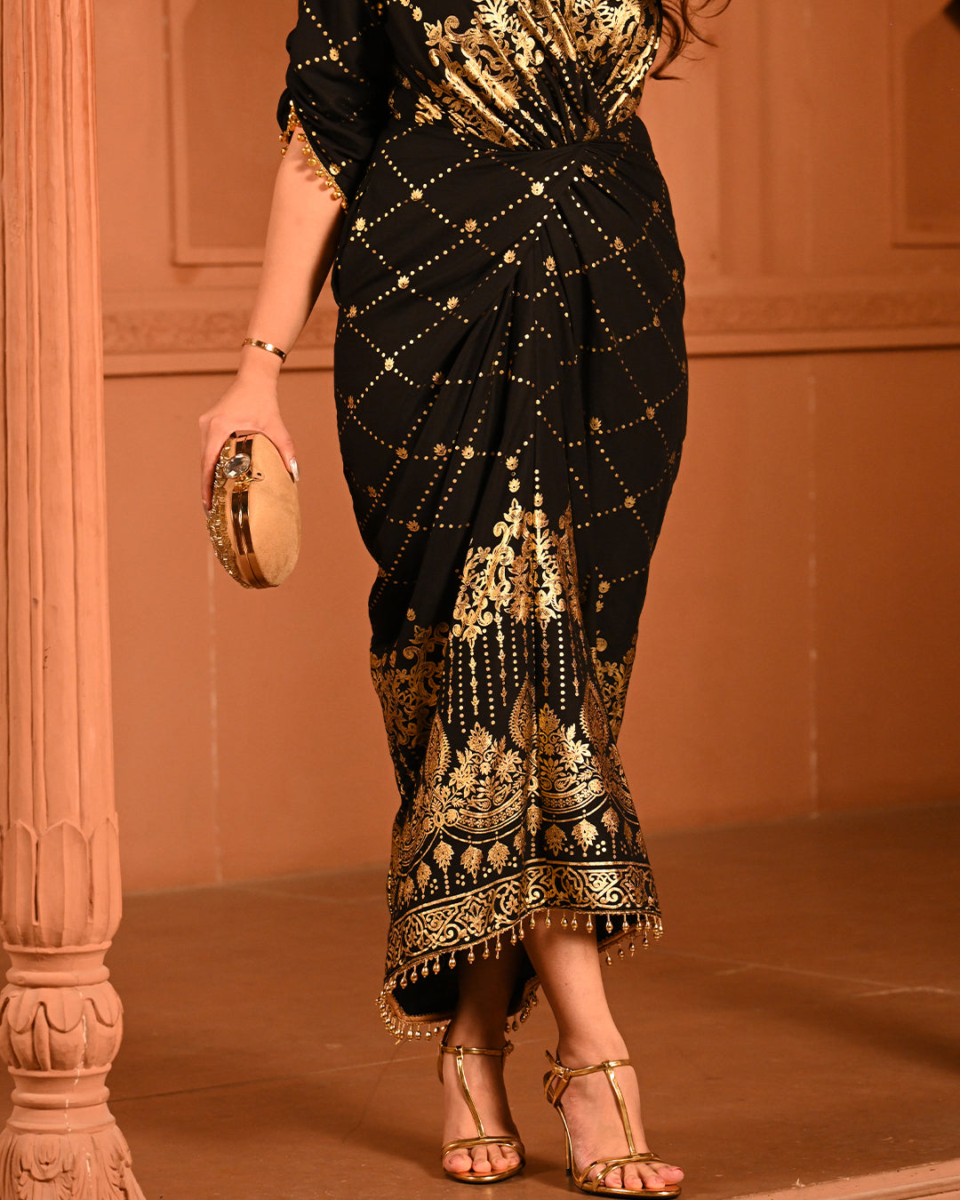 Elegant Designer Party Outfit with Gold Embroidery Kaftan Dress For Women