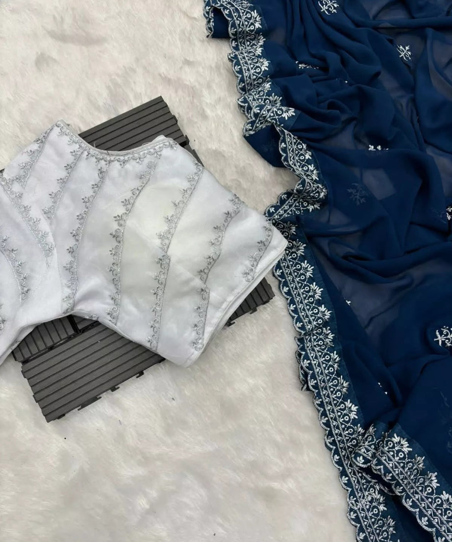 Georgette Saree With Stitched Blouse,Wedding Style Sari & Blouse